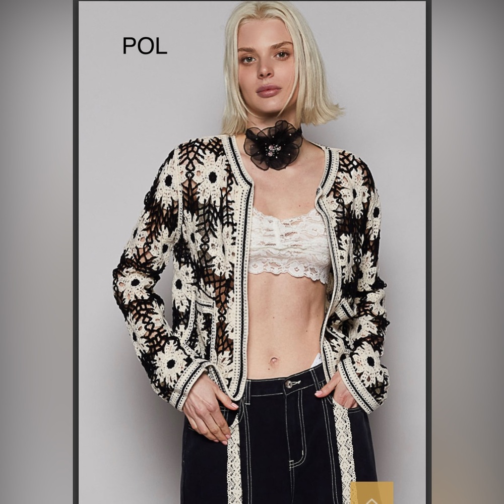 BP208-2🌼POL perfection in black+cream Crochet Cardigan-gr8 office2 out! Stunning - Picture 4 of 6